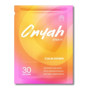 Front of Onyah Calm Down pouch containing 30 patches, in yellow, orange and pink