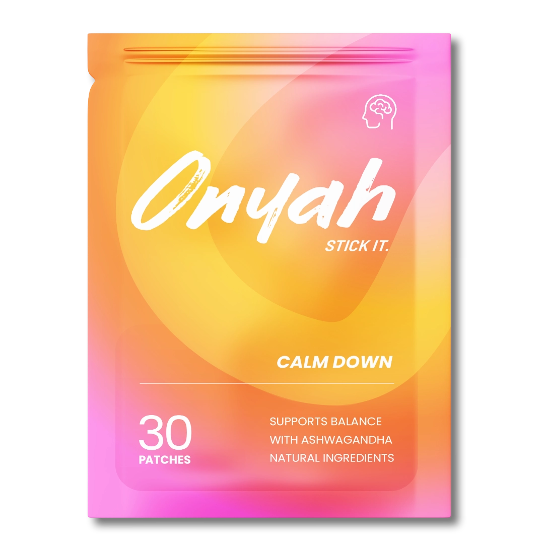 Calm Down Wellness Patches - 30 Pack | Onyah Front of Onyah Calm Down pouch containing 30 patches, in yellow, orange and pink